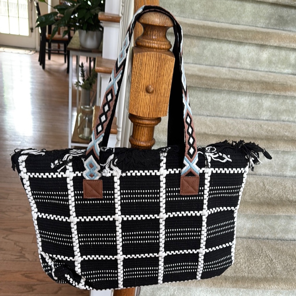 Stylish Black and White Woven Tote Bag